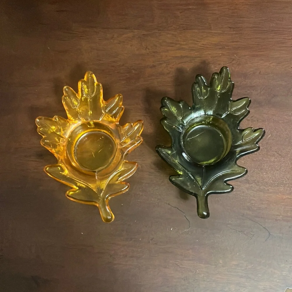 Set of 2 Vintage Orange & Green Glass Leaf Shaped Candle Holders